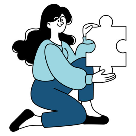 Businesswoman concept. A confident female professional holds a large puzzle piece, symbolizing solution-oriented thinking. Strategic planning in business. Vector illustration.のイラスト素材