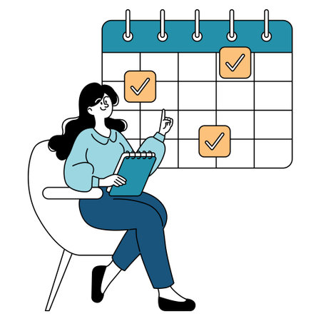 Organized businesswoman concept. Professional female planning schedule with a calendar. Time management, productivity, and efficient planning. Vector illustration.のイラスト素材