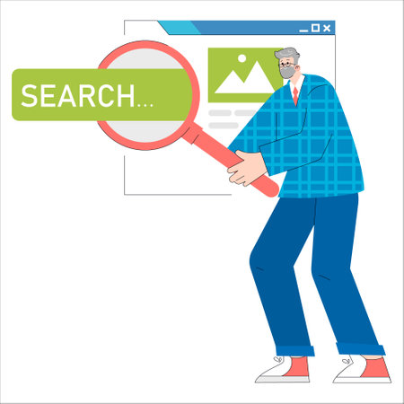 Senior businessman using a magnifying glass to perform an online search. Insightful web browsing and information analysis. Vector illustration.のイラスト素材