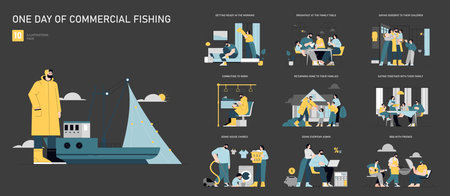 Commercial Fishing Day set. Daily routine of fishermen from dawn to dusk. Family, work, and leisure...