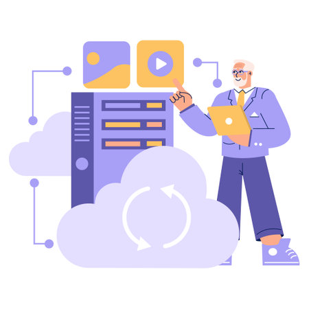 Senior businessman managing digital content in cloud computing environment. Multimedia file access and online data storage concept. Vector illustration.のイラスト素材