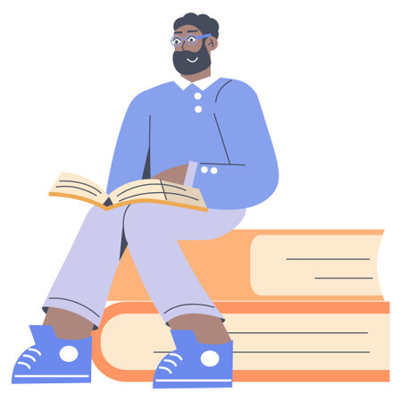 Reading concept. A content man engrossed in a book, seated on giant books representing a love for literature. Educational inspiration. Vector illustration.のイラスト素材