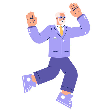Dynamic older businessman concept. Confident mature executive celebrating success with a joyful gesture. Corporate leadership and happiness. Vector illustration.のイラスト素材