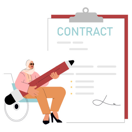 Diversity Businesswoman concept. A Muslim woman in a wheelchair signs a large contract, representing inclusivity and empowerment. Professional commitment and accessibility. Vector illustration.のイラスト素材