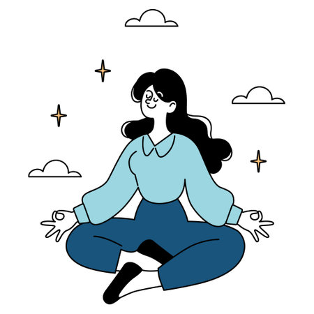 Mindfulness concept. Businesswoman practicing meditation to maintain work-life balance. Serenity in a hectic world. Vector illustration.のイラスト素材