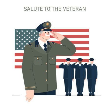 Veterans Day tribute illustration. A senior military officer saluting, with soldiers honoring him against an American flag backdrop. Vector illustration.のイラスト素材