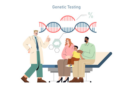 Genetic testing concept. A doctor explains DNA analysis to a family considering their hereditary health. Education in medical genetics. Vector illustration.のイラスト素材