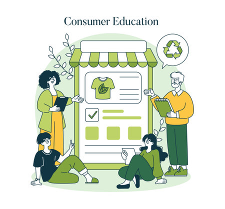 Eco-friendly fashion concept. People learn about sustainable clothing choices at a recycling booth. Awareness for green consumer practices. Vector illustration.のイラスト素材