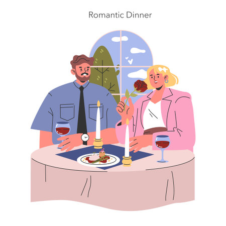 Romantic dinner concept. A couple enjoys a candlelit meal with wine, conveying love and intimacy. Indoor date night, relationship bonding. Vector illustration.のイラスト素材