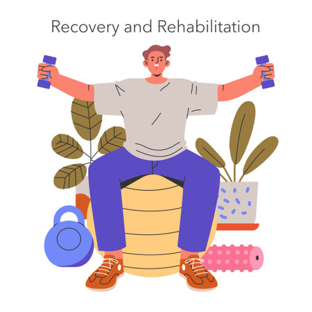 Recovery and rehabilitation concept. Man doing physical therapy exercises with dumbbells at home. Strength and wellness healing routine. Vector illustration.のイラスト素材