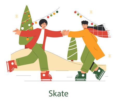 Christmas ice skating concept. Two people enjoy skating together amidst festive decorations. Seasonal bonding and active holiday celebration. Vector illustration.のイラスト素材