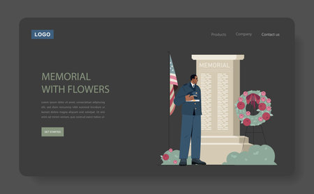 Salute to the Veteran concept. A uniformed soldier paying homage at a memorial adorned with a wreath. Respect and remembrance theme. Vector illustration.のイラスト素材