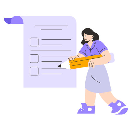 Young businesswoman concept. A woman in professional attire holds an oversized pencil to a checklist. Project planning and task management. Vector illustration.のイラスト素材