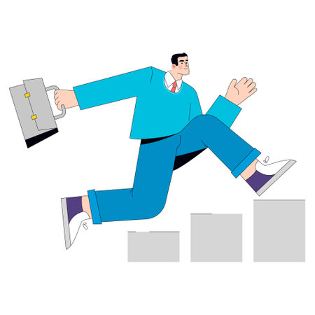 Dynamic business man leaping over obstacles with a briefcase. Career progression and overcoming challenges concept. Vector illustration.のイラスト素材