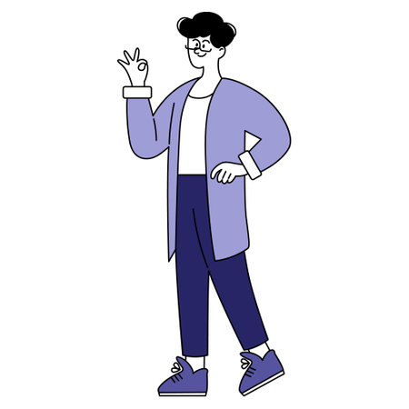 Confident businessman gesturing okay sign. Casual corporate male character with a positive attitude. Professional in modern attire presenting assurance. Vector illustration.のイラスト素材