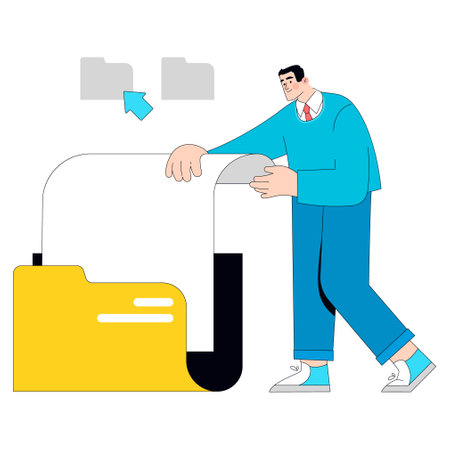 Businessman productivity concept. An efficient male manager seamlessly transfers data between folders. Office workflow optimization. Vector illustration.のイラスト素材