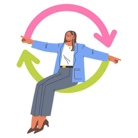 Dynamic businesswoman concept. A professional female leads with confidence, symbolised by colorful arrows. Leadership and progress in a corporate setting. Vector illustration.のイラスト素材