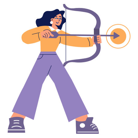 Businesswoman concept. Confident female professional aiming with a bow and arrow, representing goal achievement and focus. Vector illustration.のイラスト素材