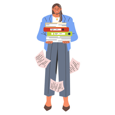 Businesswoman concept. Professional female overloaded with documents and binders, facing workplace challenges. Office task management, work-life balance. Vector illustration.のイラスト素材