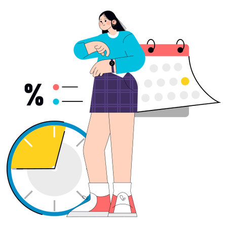 Efficient businesswoman concept. Professional female managing time and tasks. Organization, productivity, and deadline visual. Vector illustration.のイラスト素材