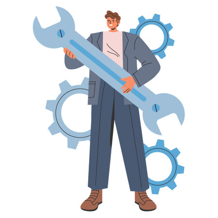 Businessman concept. Professional tackling challenges with a giant wrench against a cogwheel background. Problem-solving in a corporate environment. Vector illustration.のイラスト素材