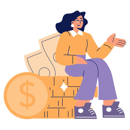 Businesswoman concept. Professional female with monetary symbols, representing financial success and wealth management. Casual corporate discussion. Vector illustration.のイラスト素材