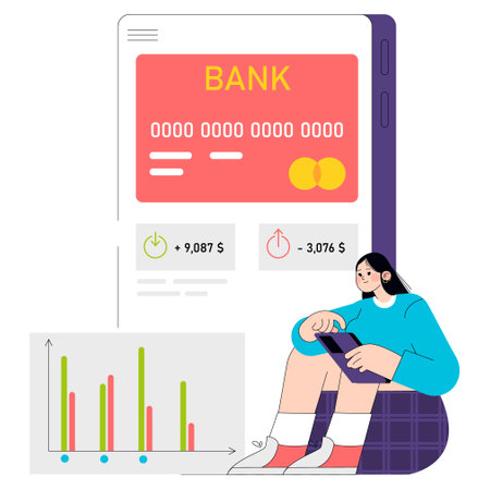 Young businesswoman managing finances through a banking app on her smartphone, monitoring transactions and performance. Vector illustration.のイラスト素材