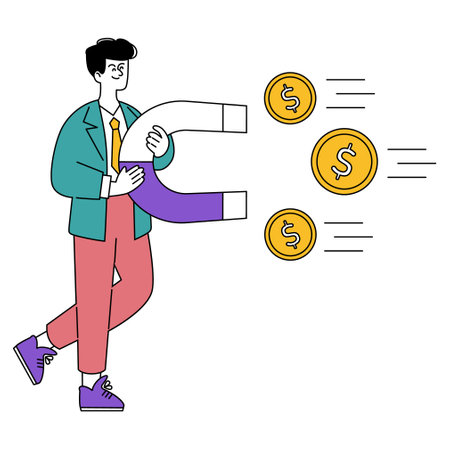 Businessman concept. Professional attracting wealth with a magnet, representing financial success and investment strategy. Vector illustration.のイラスト素材