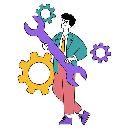 Businessman concept. A professional holding a giant wrench, symbolizing solution-finding and problem-solving. Office style, modern problems. Vector illustration.のイラスト素材