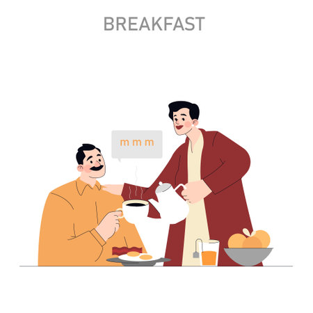 Morning routine concept. Two smiling men enjoying a hearty breakfast together. Cozy domestic scene with fresh coffee and healthy food. Vector illustration.のイラスト素材