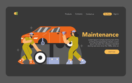 Auto repair service concept. Mechanics working on vehicle maintenance and repair. Teamwork in car workshop scene. Vector illustration.のイラスト素材