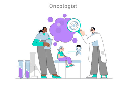 Caring oncologist concept. A specialist explains to a child the medical process while a nurse assists. Understanding healthcare journey. Vector illustration.のイラスト素材