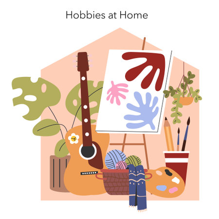Home Hobbies concept. Cozy indoor leisure activities, with painting, music, and knitting. Creativity and relaxation in a domestic setting. Vector illustration.のイラスト素材