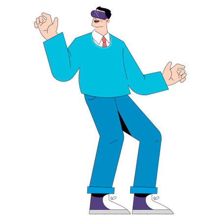 Businessman in virtual reality concept. A professional male figure engaging with VR technology. Corporate innovation and digital interface. Vector illustration.のイラスト素材
