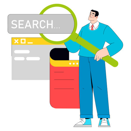 Businessman Search Concept. A professional man engages in an online search, symbolizing strategic data analysis. Exploration of digital resources. Vector illustration.のイラスト素材