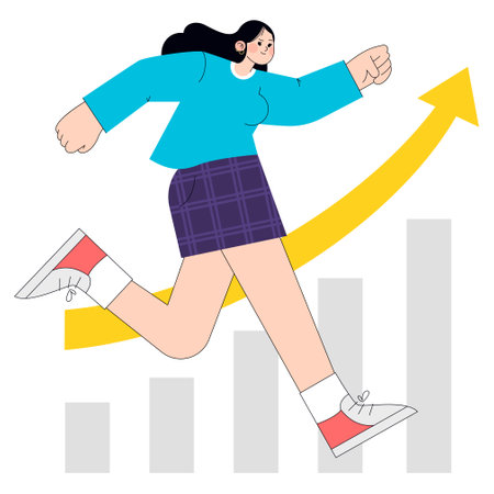 Dynamic businesswoman advancing on growth chart concept. Career progress and success metaphor with corporate female ascending bars. Vector illustration.のイラスト素材