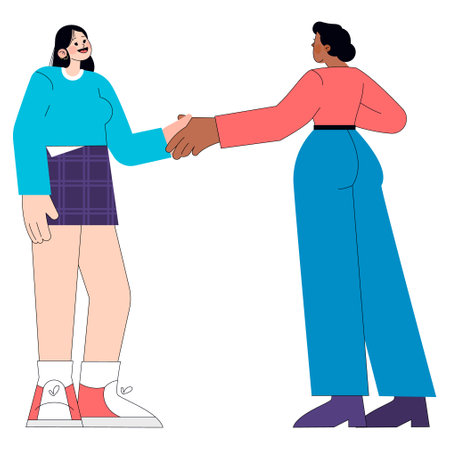 Business partnership concept. Two diverse women in professional attire shaking hands in agreement. Collaboration and networking scene. Vector illustration.のイラスト素材