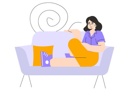 Relaxed Businesswoman concept. Professional woman unwinding on a sofa with laptop. Work-life balance, home office, leisure time. Vector illustration.のイラスト素材