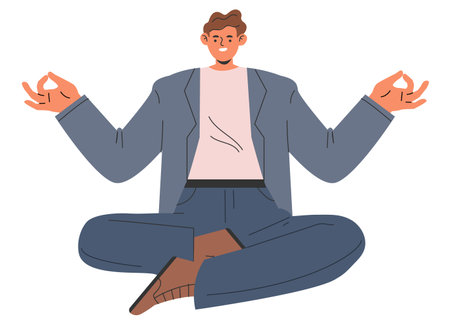 Businessman meditation concept. A calm male executive practices mindfulness to manage stress in a corporate environment. Work-life balance, mental health awareness. Vector illustration.のイラスト素材