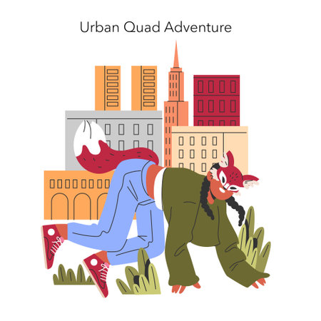 Quadrobers concept. Dynamic city life meets energetic dance moves amidst urban landscapes. Parkour performer leaps in the city setting. Vector illustration.のイラスト素材