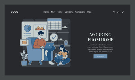 Remote Work Lifestyle concept. Cozy home office with a relaxed man on a laptop and a woman reading a book. Modern telecommuting scene. Vector illustration.のイラスト素材