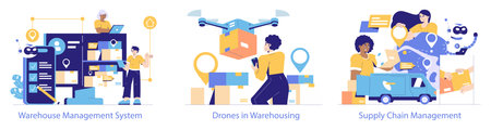 Logistics Automation set. Streamlining operations with technology in warehousing and supply chain. Advances in warehouse management, drone delivery, and coordinated logistics. Vector illustration.のイラスト素材