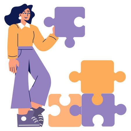 Businesswoman concept. A confident female professional holds a puzzle piece, symbolizing problem-solving and strategic thinking. Vector illustration.のイラスト素材