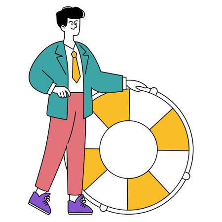 Confident businessman concept. A professional stands with poise beside a pie chart, representing strategic planning and analysis. Vector illustration.のイラスト素材