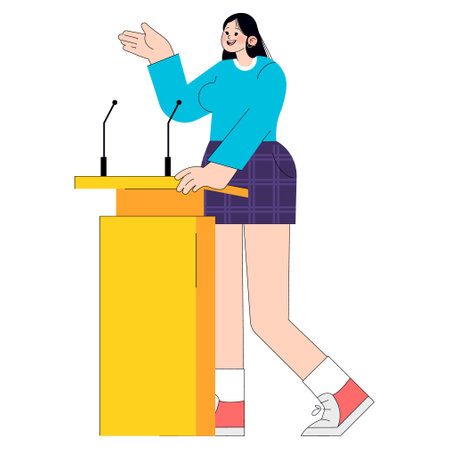 Confident businesswoman giving a speech at a podium, a representation of female empowerment in the workplace. Vector illustration.のイラスト素材