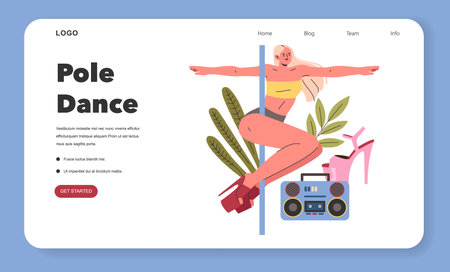 Pole Dance concept. Illustration of a person gracefully performing pole dance surrounded by foliage and a boombox. Artistic fitness and expressive movement. Vector illustration.のイラスト素材