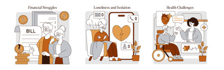 Retirement Challenges set. Elderly financial concerns, loneliness in aging, and senior health care issues. Conceptual scenes for lifes later hurdles. Vector illustration.のイラスト素材