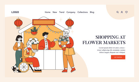 Lunar New Year shopping scene with family choosing flowers at a market stall, celebrating tradition. Vector illustration.のイラスト素材