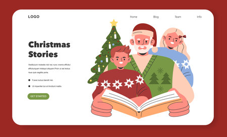 Christmas Family Time concept. A cozy scene of a family enjoying a storybook together by the Christmas tree. Festive holiday bonding and tradition. Vector illustration.のイラスト素材