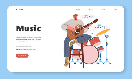 Millennial Hobbies concept. A young male playing a guitar reflected in a contemporary music website interface design. Illustrates leisure and digital engagement. Vector illustration.のイラスト素材